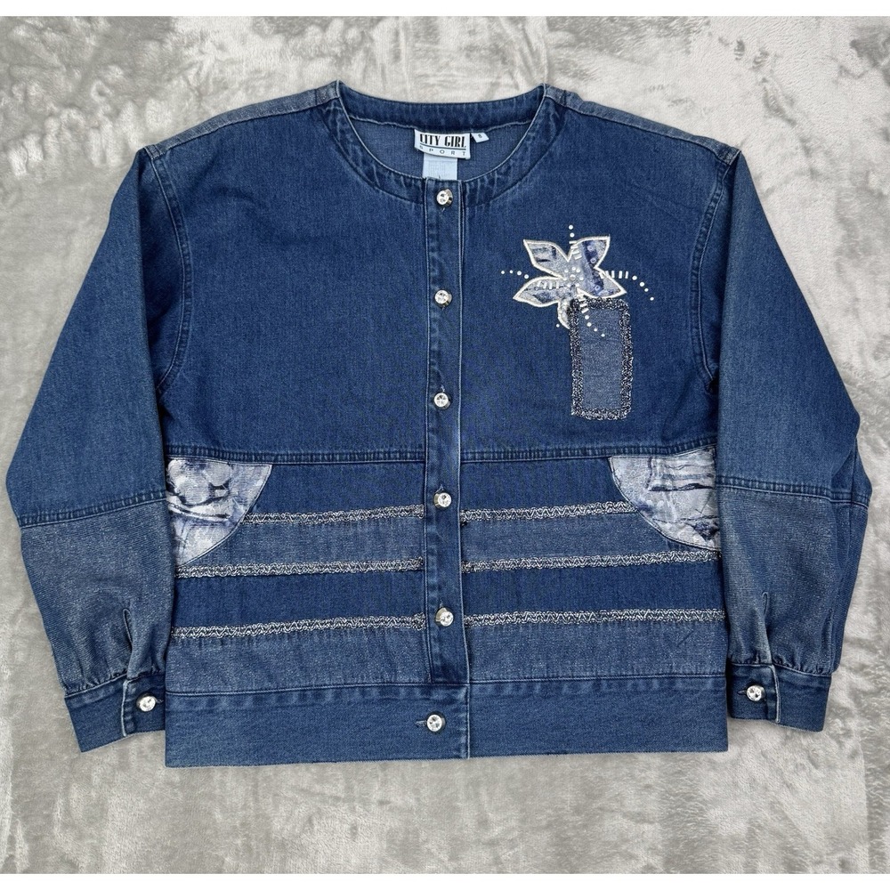 Vintage 90s City Girl Sport Jean Jacket Womens 8 M Blue Denim Floral Embroidered